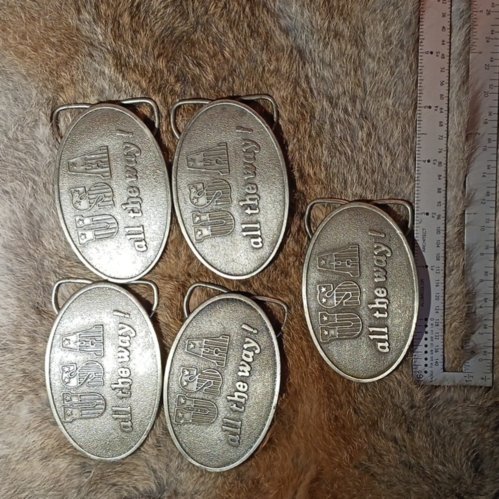 Lot of 5 vintage "USA All the way!" belt buckles